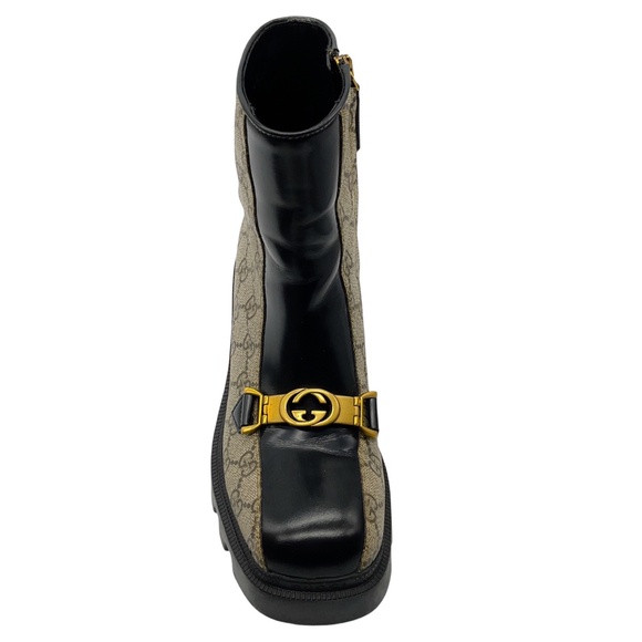 GUCCI DARK BEIGE GG SUPREME HORSEBIT INTERLOCKING G ANKLE BOOTS - Picture 4 of 10